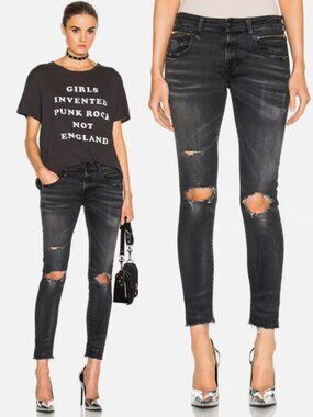 R13 Biker Boy Jeans Black Distressed Skinny Moto Size 24 Made In Italy